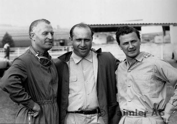 Karl Kling Juan Manuel Fangio und Hans Herrmann v.l.n.r. 